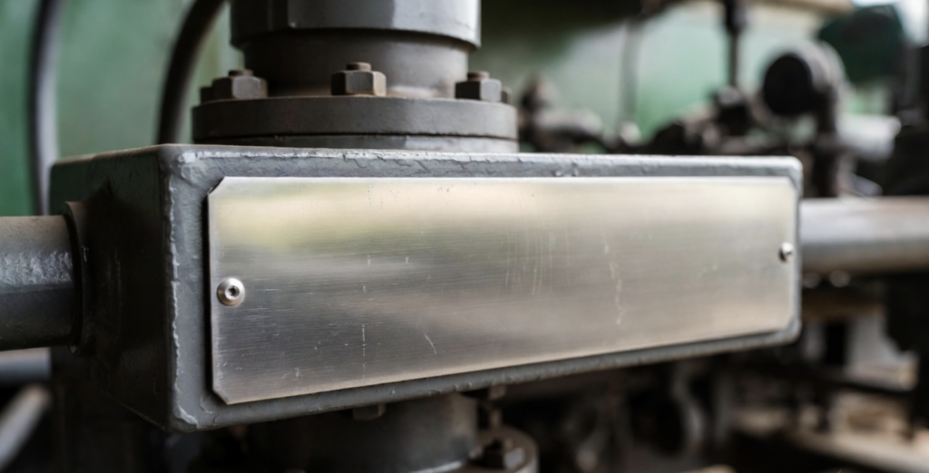 Industrial equipment with durable metal identification nameplate produced by a professional metal nameplates manufacturer
